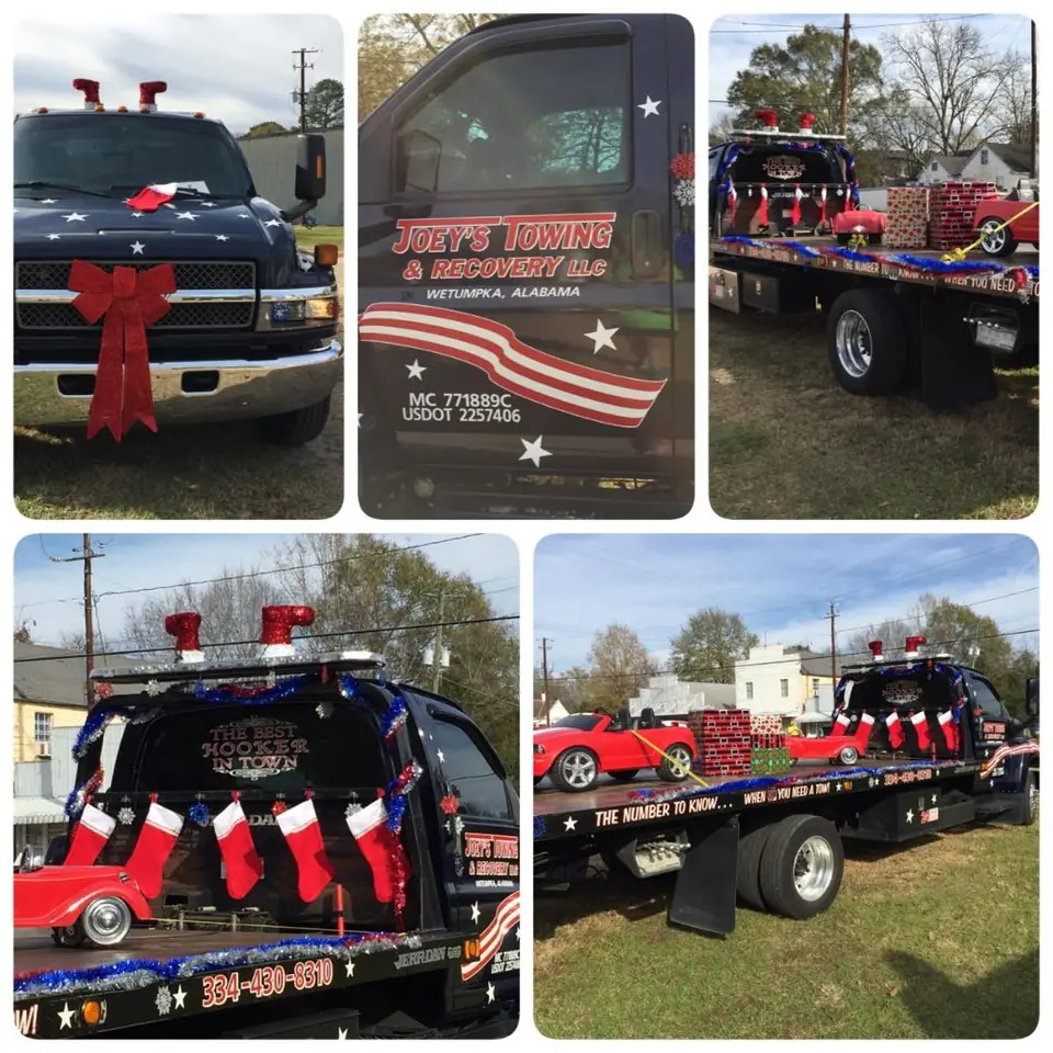 Joey's trucks decorated with bows, stockings, and garland for a Christmas parade